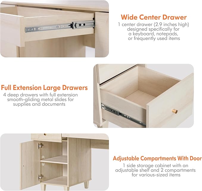 WAMPAT Desk with Drawers &amp Storage Cabinet 58 Inch Light Oak Wood Desk with Charging Station Modern Home Office Large Wooden Executive Computer Desk Vanity Desk for Bedroom