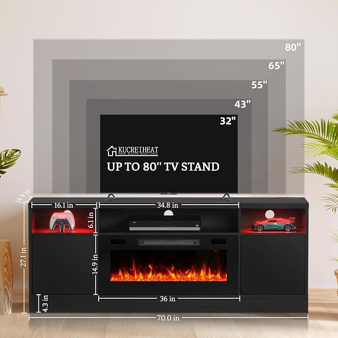 70'' TV Stand with Fireplace and Power Outlet-Black Entertainment Center for 75+ inch TV- 27'' High TV Cabinet with LED Light Storage High Glossy Door Modern TV Console for Living Room