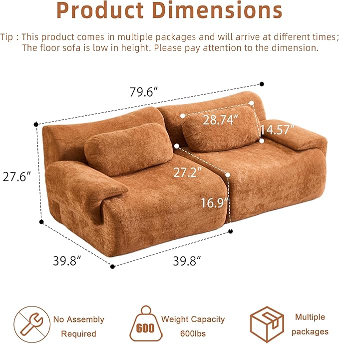 79.6 Boneless Couches for Living Room Set Cloud Modular Sectional Sofa in a Box Memory Foam Modern Couch Big Comfy Compressed Sofas Loveseat for Small Spaces Bedroom Apartment Brown