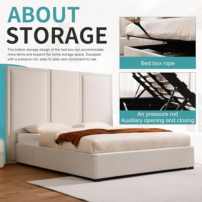 YUHUASHI King Size Bed Frame with 64-inch High Headboard Simple and Airy Linen Upholstered Platform Bed with Storage Drawers Wood Slat No Noise (Beige King(Hydraulic Lift))