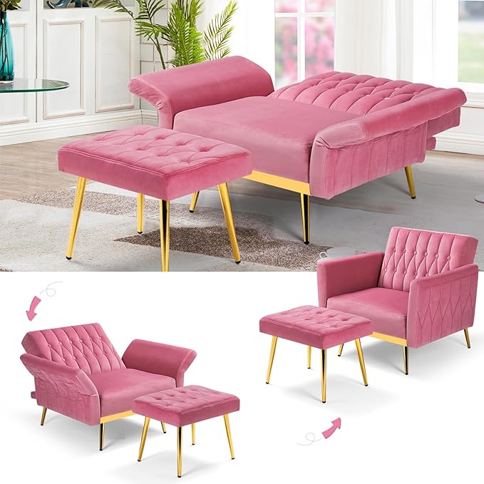 Velvet Accent Chair with Adjustable Armrests and Backrest Button Tufted Lounge Chair Single Recliner Armchair with Ottoman and Pillow for Living Room Bedroom Pink