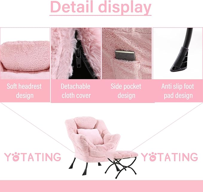 Lazy Chair with Ottoman Comfy Reading Lounge Chair with Footstool &amp Throw Pillow Modern with Armrests &amp Side Pocket for Living Room Bedroom Dorm Room Plush Pink