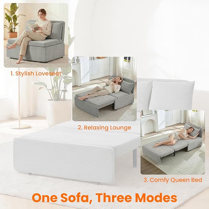 CECER 43.5 Twin Size Pull Out Sofa BedCorduroy Pull Out Couch with Tri-fold Mattress3-in-1 Convertible Sleeper Sofa with Pillows for Small Space/Bedroom/Apartment（Light Grey）