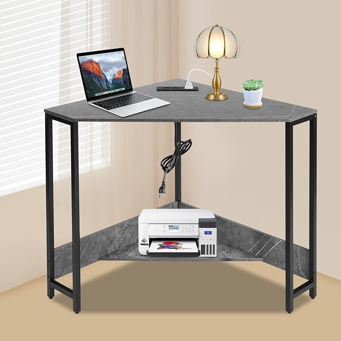 Small Corner Desk with Outlet Corner Table for Small Space Industrial Computer Desk w/USB Ports Triangle Desk for Home Office Workstation Living Room Bedroom (Grey)