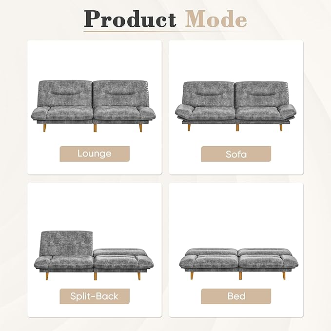Homall Futon Sofa Bed Modern Loveseat Futon Couch with Adjustable Backrest and Armrests Sleeper Sofa Bed with Wood Frame for Living Room Office Apartment (Leathaire Heather Gray)