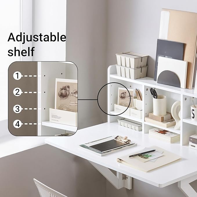 SoBuy Wall Mounted Folding Table Foldable Floating Desk for Small Spaces Fold Down Workstation Table with Adjustable Shelf for Home Office Bedroom or Kitchen White FWT07-II-W