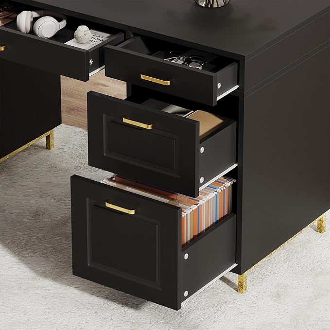 Black Desk with 7 Drawers 57 Executive Desk with Storage Black and Gold Desk for Home Office Makeup Vanity Desk with Golden Handle