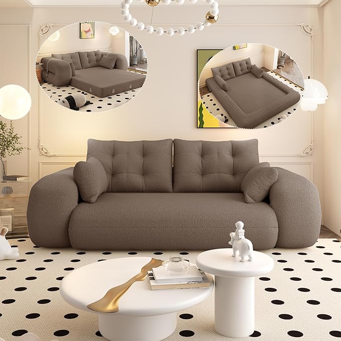 79 Modern Brown Teddy Convertible Futon Couch Sofa Bed 3 in 1 Pull Out Memory Sleeper Cloud Sofas Double Full Size Boneless Love Seat Beds for Living Room Dorm ApartmentBedroom (Brown)