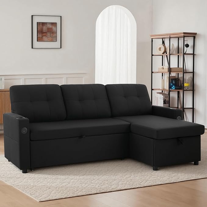 82 Pull Out Sofa BedL-Shape Modern Sleeper Sofa Upholstered Sectional Couch with USB Port and Side Pockets for Living RoomGuest Room (Black)