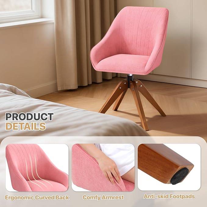 Magshion Mid Century Swivel Accent Chair Set of 2 360° Rotating Fabric Armchair with Oak Wood Legs Modern Reading Chair for Living Room Bedroom Office or Study Pink