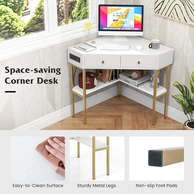 Corner Desk with Charging Station 90° Triangle Desk w/ 2 Drawers Storage Shelves Corner Vanity Table for Bedroom Compact Computer Desk for Small Space