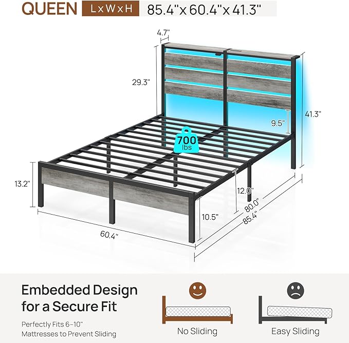 Rolanstar Queen Bed Frame with LED Lights and Charging Station Wood Storage Headboard and Under Bed Storage Metal Platform Noise Free No Box Spring Needed Grey