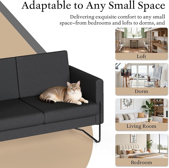 STHOUYN Small Black Love Seat Couches with USB Port &amp Side Pocket Small Loveseat for Small Spaces Mini Sofa for Bedroom 2 Seater Office Couch (Black)