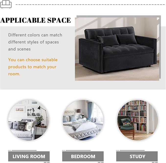 54 Convertible Sofa Bed Velvet Sleeper Sofa with Pull-Out Bed 3-in-1 Futon Couch with Reclining Backrest and Side Pocket Modern Loveseat for Living Room (Black)