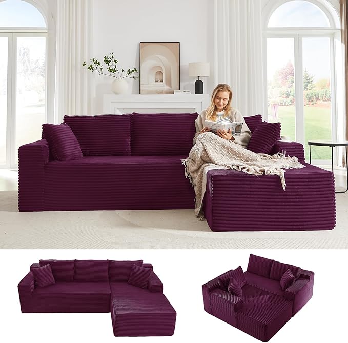 103 Cloud Sectional Couch with L-Shape Chaise Modern Minimalist Modular Sectional Sofa Fluffy Corduroy Upholstered Couches for Living Room No Assembly Required (Purple Right Facing Chaise)