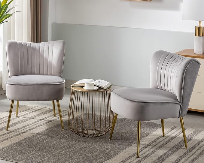 KCC Modern Velvet Upholstered Accent Chair Set of 4Mid Century Living Room Chairs with Golden LegsComfy Armless Chair Wingback Single Sofa Side Chair for BedroomLight Gray