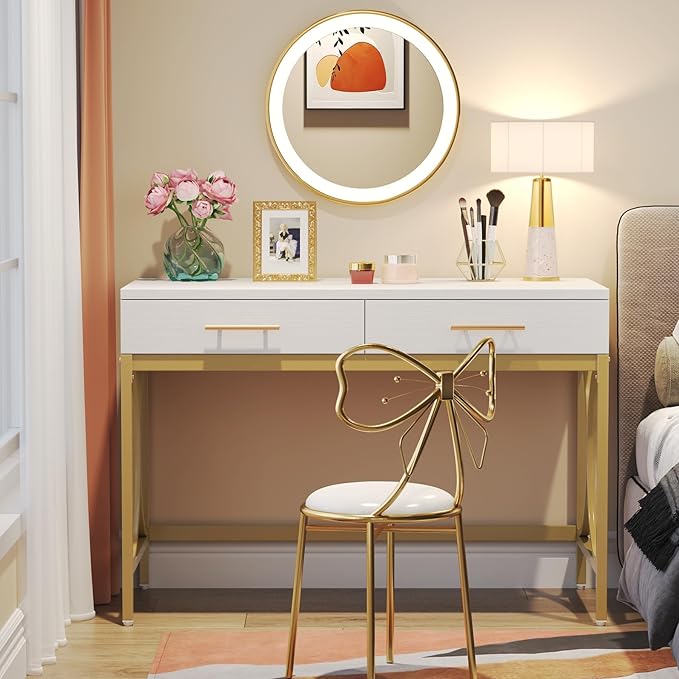 LITTLE TREE 41 Computer Desk with Two Drawers Modern Study Writing Desk with Storage White Makeup Vanity Table Office Desk with Gold Metal Frame for Home Office