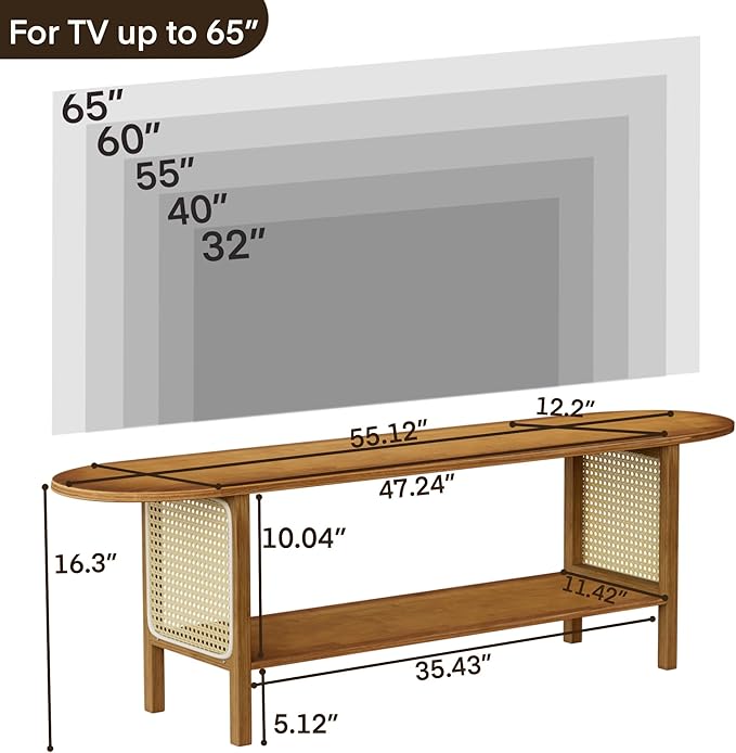 Bamboo TV Stand for TVs up to 65 Accent Entertainment Center with Storage Media Console Table with Rattan Modern TV Stand for Living Room Bedroom 55(L) Walnut