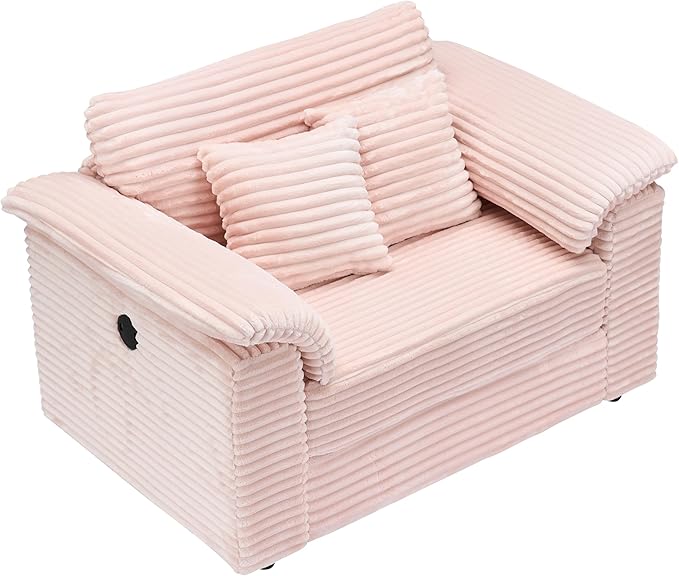 Oversized Chaise Lounge Chair with Storage Ottoman &amp USB Ports Fluffy Corduroy Cloud Couch Sleeper Sofa Bed with Arm Rest Comfy Overstuffed Sofa Chair Set for Living Room Bedroom (Pink)