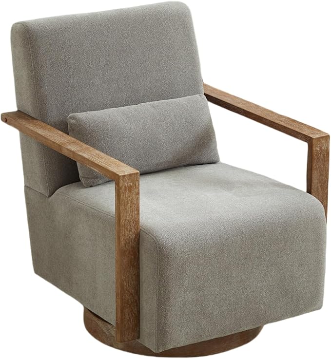 Swivel Modern Upholstered Accent Chair with Solid Wood Armrests and 360 Degree Comfy Lounge Reading Chair Side Armchair for Hotel Bedroom Living Room Office and Nursery Room (Gray)