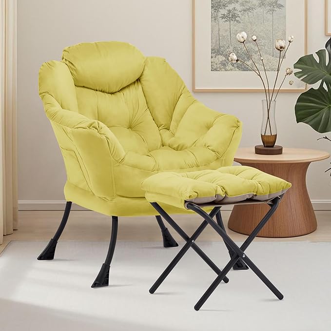 Lazy Chair with Ottoman Comfy Accent Lounge Chair with Side Pocket Modern Reading Armchair with Footrest Upholstered Sofa Chair for Small Spaces Bedroom Living Room Dorm Yellow