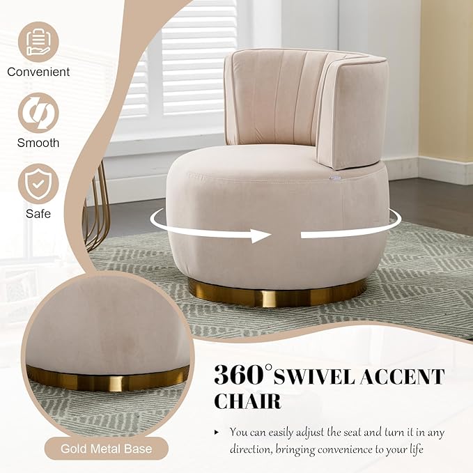 360 Degree Swivel Accent Chair Comfy Round Swivel Barrel Chair with Mental Base Upholstered Cozy Reading Armchairs Modern Lounge Sofa Chairs for Living Room Bedroom Club Office(Velvet Beige)