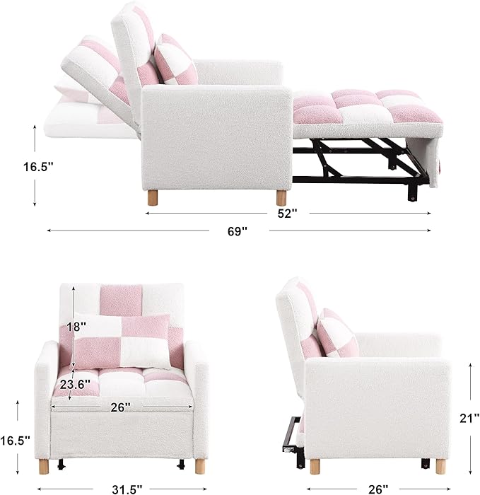 Convertible Sleeper Chair 3-in-1 Sleeper Chair Pull-Out Futon Bed for Small Space Soft Teddy Fabric Sturdy Metal Frame Pink