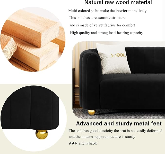 83 Black Velvet Couch Modern Sofas for Living Room Velvet Sofa 3 Seater Solid Wood Frame with Gold Metal Legs and Two Pillows Comfy Black Gold Sofa