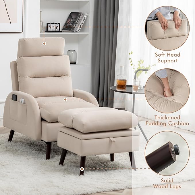 Accent Chair with Ottoman Comfy Reading Chair and Ottoman Set Modern Oversized Lounge Armchair with Adjustable Backrest for Living Room Bedroom Velvet Khaki