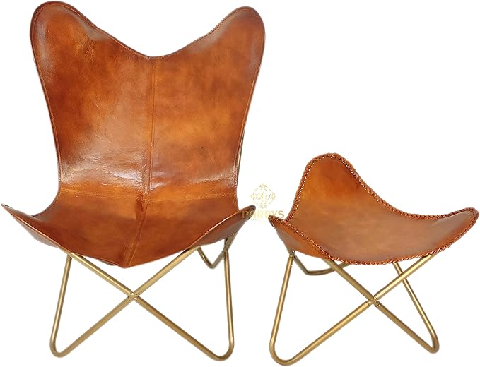 Genuine Brown Leather Butterfly Chair with Foldable Ottoman | Handmade Lounge Relax Arm Chair | Indoor/Outdoor Comfortable Arm Chair with Footrest Foot Stool