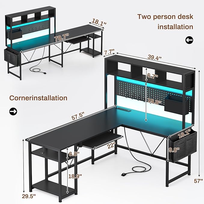 SEDETA L Shaped Gaming Desk with Hutch 57.5” Reversible Corner Computer Desk with Storage Shelves Gaming Desk with Pegboard LED Lights Power Outlet Keyboard Tray and Storage Bag Black