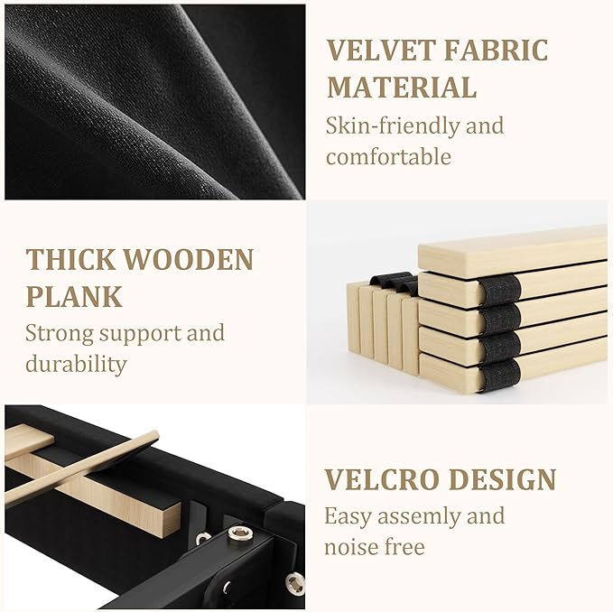 Full Bed Frame with Storage Drawers Velvet Upholstered Full Size Platform Bed with 47 Tall Headboard and Wingboard No Box Spring Needed Noise Free Easy Assembly Wooden Support Slats Black