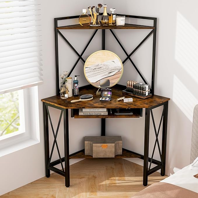 Tangkula Corner Desk with Hutch &amp Charging Station Space-Saving Computer Desk with Shelves &amp Keyboard Tray Triangle Home Office Desk with Metal Frame Corner Desk for Small Space