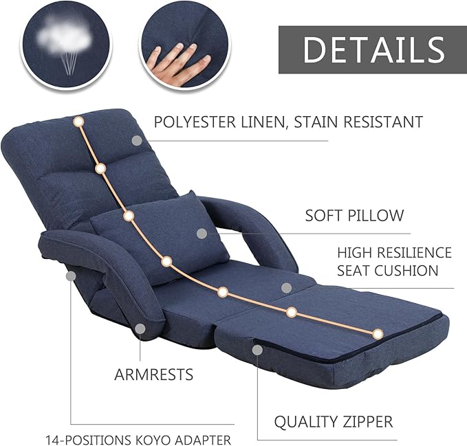 Indoor Floor Chair with Armrest and Pillow Folding Chaise Lounge Sofa 14-Position Adjustable Comfy Gaming Recliner Chair Padded Seats for Adults (Blue)