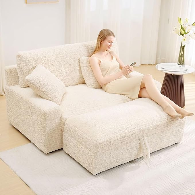 62“ Oversized Chaise Lounge Chair IndoorComfy Loveseat with Storage OttomanUpholstered Sleeper Sofa Bed with 2 Pillows Deep Seat Love Seat Couch for Living RoomBedroomApartmentBeige