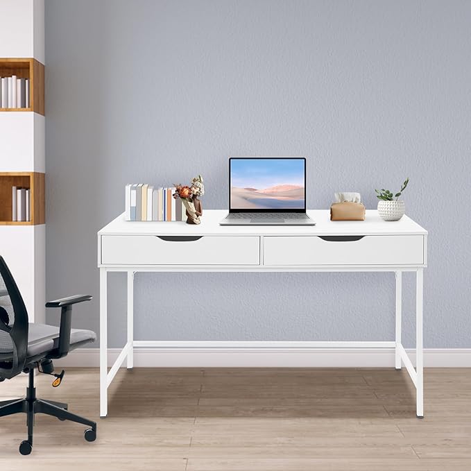 White Computer Desk with 2 Drawers Wooden Makeup Table Modern Simple Makeup Vanity Desk for Home Office Study Room 154lbs Capacity 4724L*19.69W*29.53H inch