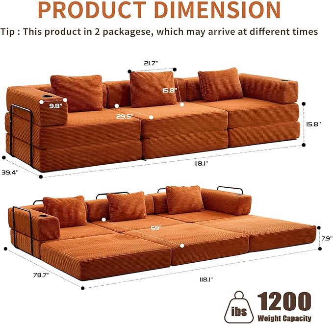 118 Oversized Sectional Couches Convertible Floor Sofa Bed with Cup Holder Boneless Foldable Mattress Cloud Couch with Pillow Back &amp Armrest for Living Room Bedroom Lounge(Corduroy Orange)