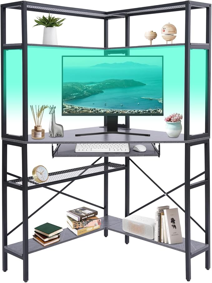 Corner Desk with Hutch 90 Degrees Triangle Computer Desk w/Keyboard Tray &amp Bookshelves for Small Space Space Saving Writing Desk w/Storage Shelves for Bedroom Apartment (Gray)