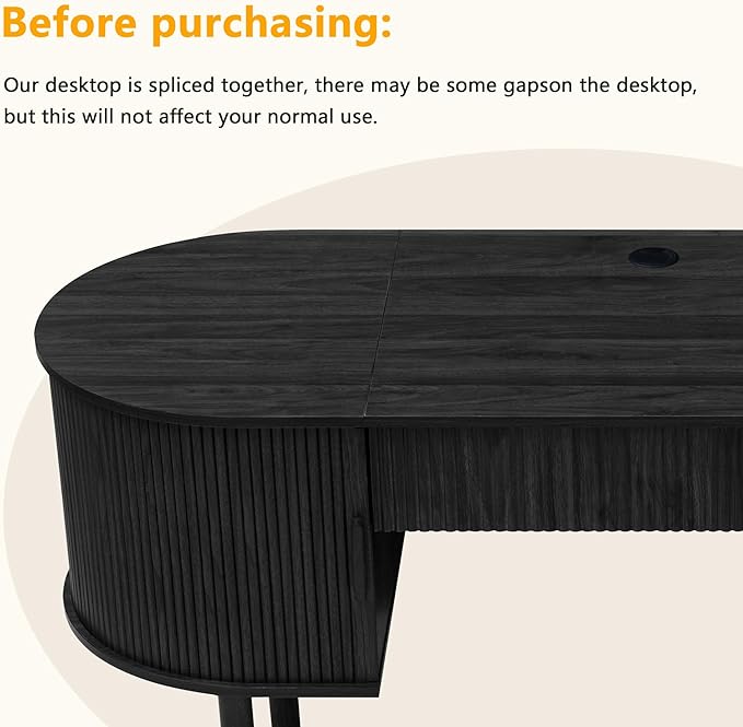 ORRD Home Office Oval Desk with Sliding Tambour Door and Drawer Modern Fluted Wood Executive Computer Storage Desk for Study Living Room Bedroom Office - Black