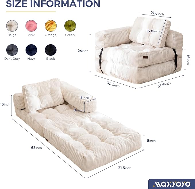 MAXYOYO Folding Sofa Bed L-Shaped Convertible Sofa Foldable Sleeper Couch with Pillow Portable Fold Out Chair Bed with Armrest Comfy Floor Lounge for Living Room Bedroom Beige