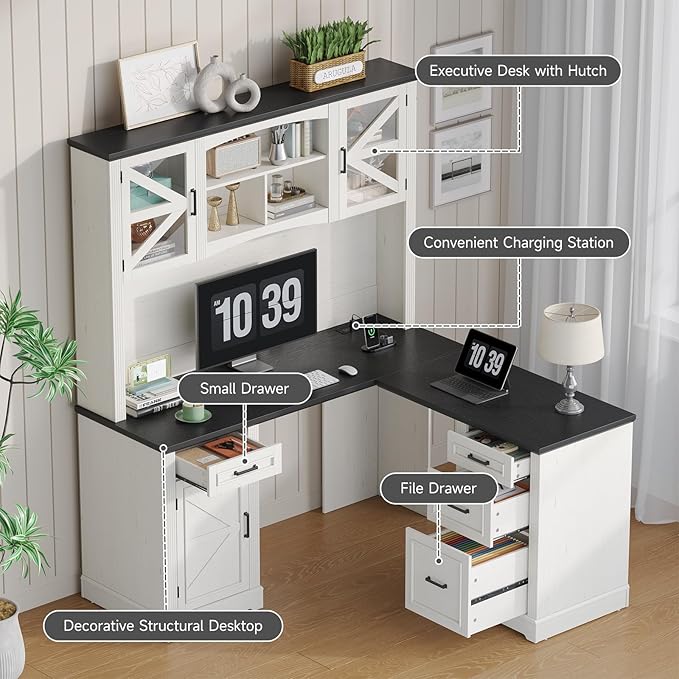 ONBRILL 72 L-Shaped Executive Desk with Hutch Farmhouse L-Shaped Computer Desk with 4 Drawers File Drawer and Power Outlet Home Office Computer Desk for Living RoomStudy Room (Off White&amp Blac