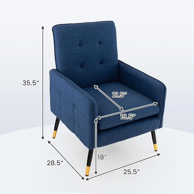GOFLAME Modern Accent Chair Set of 2 Upholstered Leisure Armchair with Metal Legs Removable Seat Cushion Adjustable Foot Pads Linen Fabric Single Sofa Chair for Living Room Bedroom Office Blue