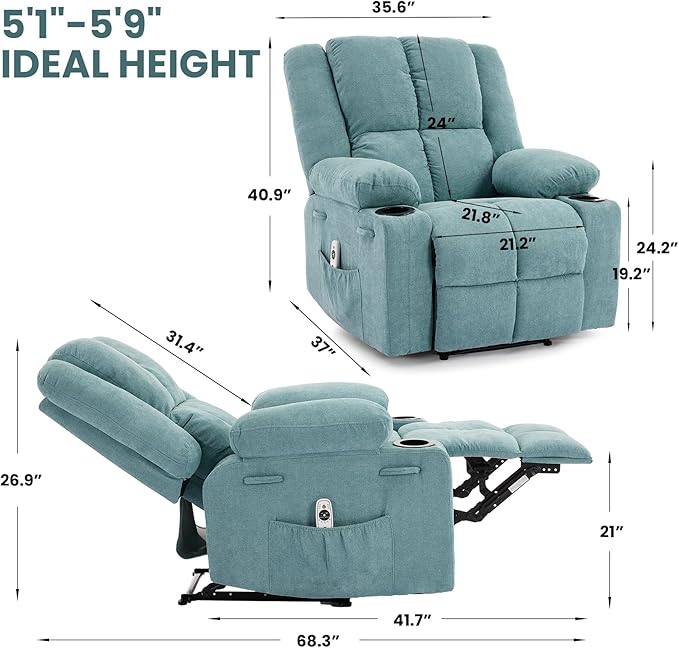 Manual Recliner Chair with Heating &amp MassageErgonomic Overstuffed Breathable Fabric Reclining Chair with Side PocketsQ235 Steel Frame Lazy Boy Recliner Single Sofa for Living Room Bedroom