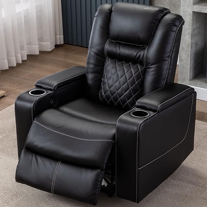 CANMOV Electric Power Recliner Chair with USB Ports and Cup Holders Breathable Leather Home Theater Seating with Hidden Arm Storage (Black)