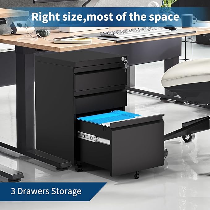 3-Drawer Mobile File Cabinet with Lock &amp Wheels Under Desk Lateral Filing Cabinet for Legal/Letter/A4 Files Adjustable Shelf Easy Assembly Office Home Storage Dark Black