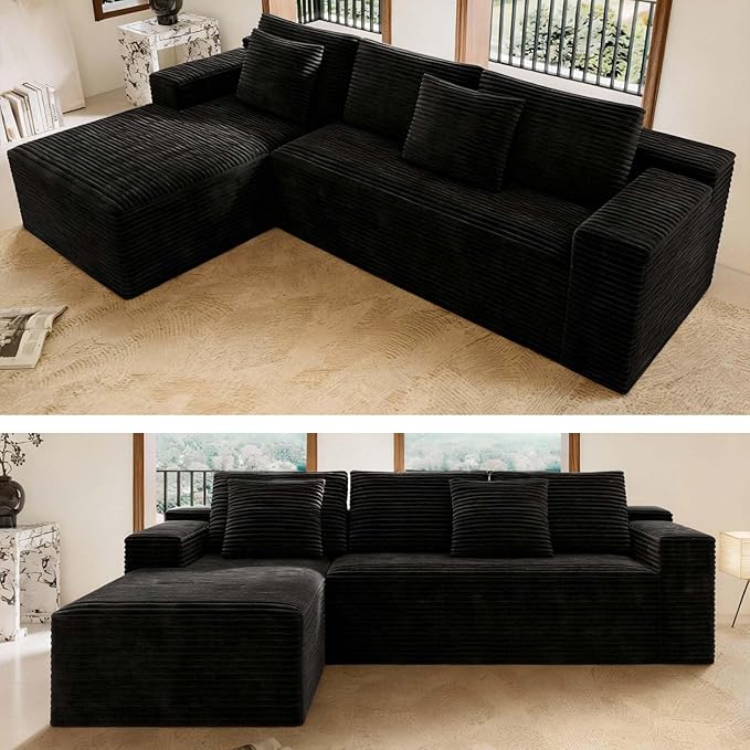 104 Boneless Couch with Chaise Sectional Couches for Living Room L Shaped Couch 4 Seat SofaCompression Sofa for Bedroom Comfy No Assembly Corduroy (Black Left)