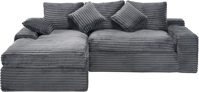 KIVENJAJA 98.8'' Small L-Shaped Sectional Couch with Chaise Fluffy Corduroy Cloud Couches Compression Boneless Sofa for Home Living Room Apartment Office No Assembly Required Grey