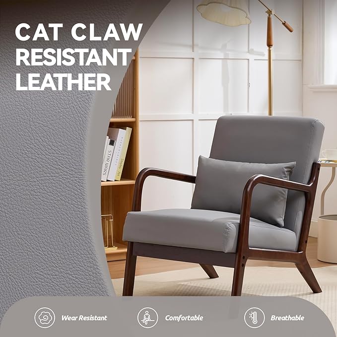 Mid Century Modern PU Leather Accent Chair Living Room Chairs with Lumbar Pillow Boho Arm Chiar Reading Chair with Solid Wood Frame for Living Room Bedroom