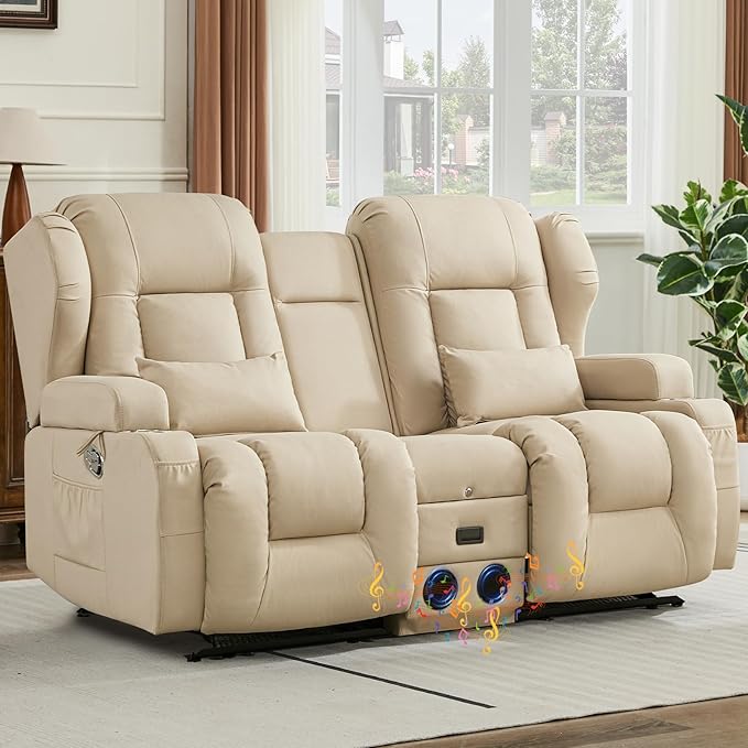 IPKIG 68 Loveseat Recliner Sofa Manual Rocker Reclining Couch with Fold Down Console Side Pocket Bluetooth Speaker Built-in Outlets Rocker Chair for Nursery Living Room Home Office (Beige)