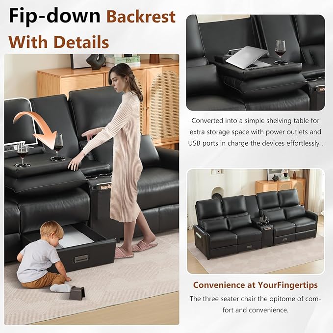 Reclining Loveseat Sofa 4 Seat Manual Recliner Couch with Flip Middle Backrest Console Wall Hugger Storage Drawer &amp Cup Holder for RV &amp Living Room Seating (Black 4 seat &amp Console)